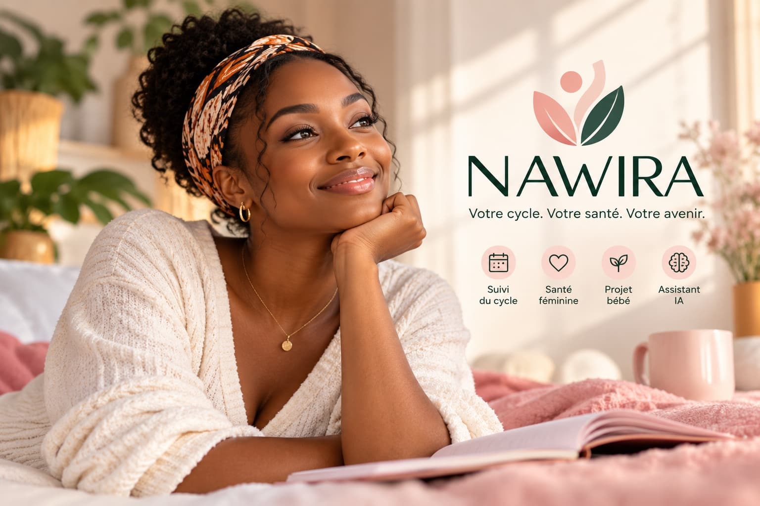 Femme détendue, lisant sereinement — NAWIRA, votre cycle, votre santé, votre avenir